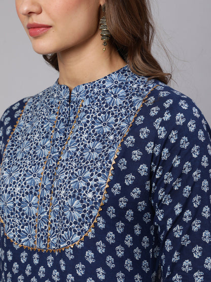 Cotton Printed Mandarin Neck 3/4 Sleeve Flared Kurta