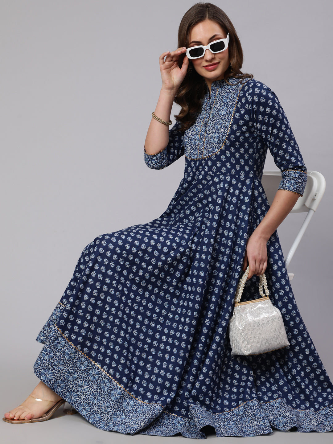 Cotton Printed Mandarin Neck 3/4 Sleeve Flared Kurta