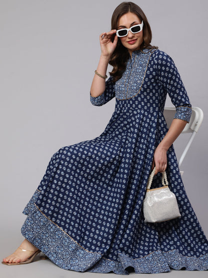 Cotton Printed Mandarin Neck 3/4 Sleeve Flared Kurta