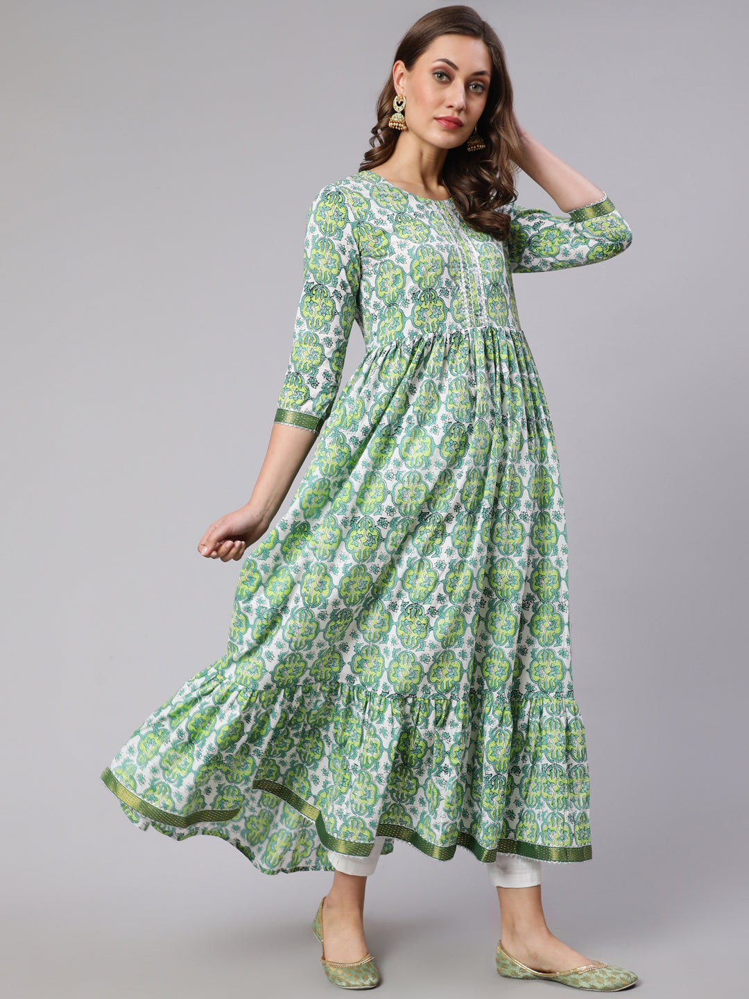 Cotton Printed Round Neck 3/4 Sleeve Flared Kurta