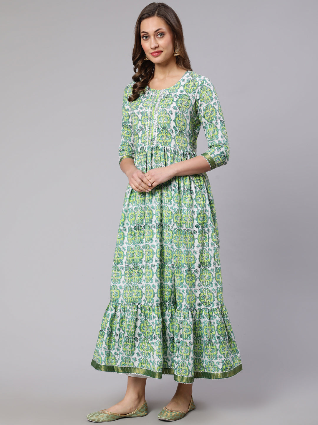 Cotton Printed Round Neck 3/4 Sleeve Flared Kurta