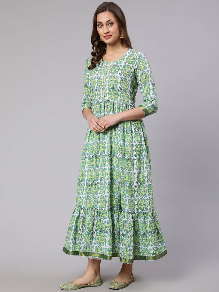 Cotton Printed Round Neck 3/4 Sleeve Flared Kurta