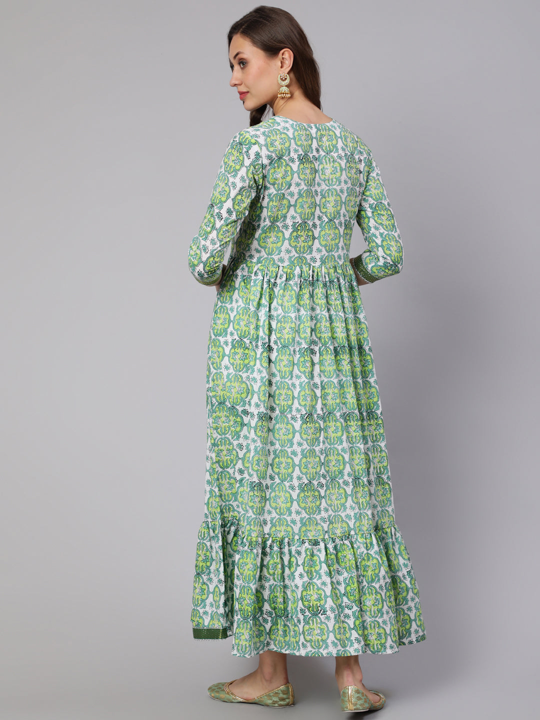 Cotton Printed Round Neck 3/4 Sleeve Flared Kurta
