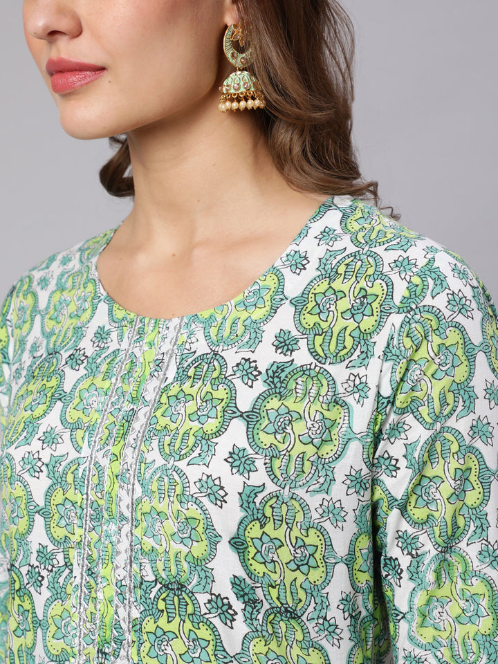Cotton Printed Round Neck 3/4 Sleeve Flared Kurta