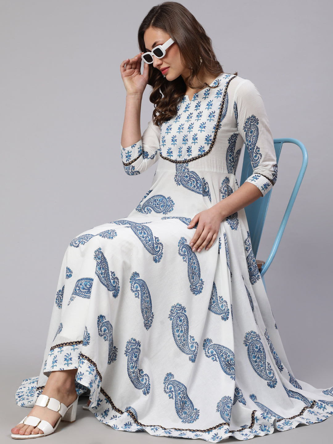Rayon Printed Round Neck 3/4 Sleeve Flared Kurta