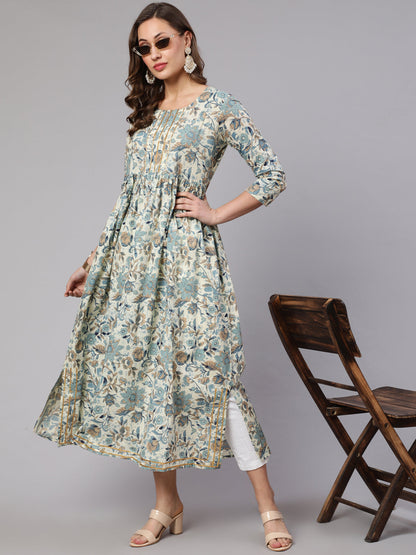 Cotton Printed Round Neck 3/4 Sleeve Flared Kurta