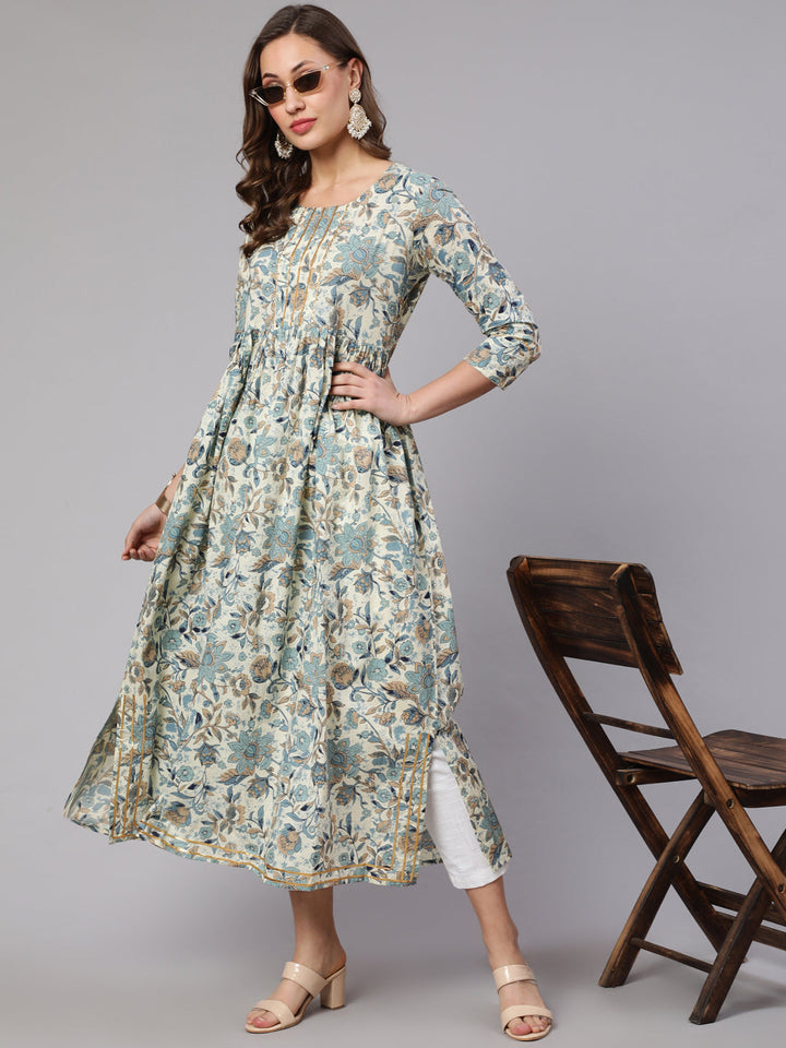 Cotton Printed Round Neck 3/4 Sleeve Flared Kurta