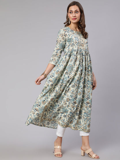 Cotton Printed Round Neck 3/4 Sleeve Flared Kurta