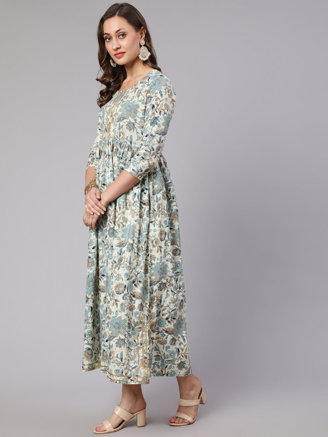 Cotton Printed Round Neck 3/4 Sleeve Flared Kurta