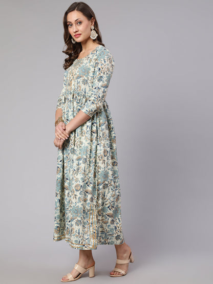 Cotton Printed Round Neck 3/4 Sleeve Flared Kurta