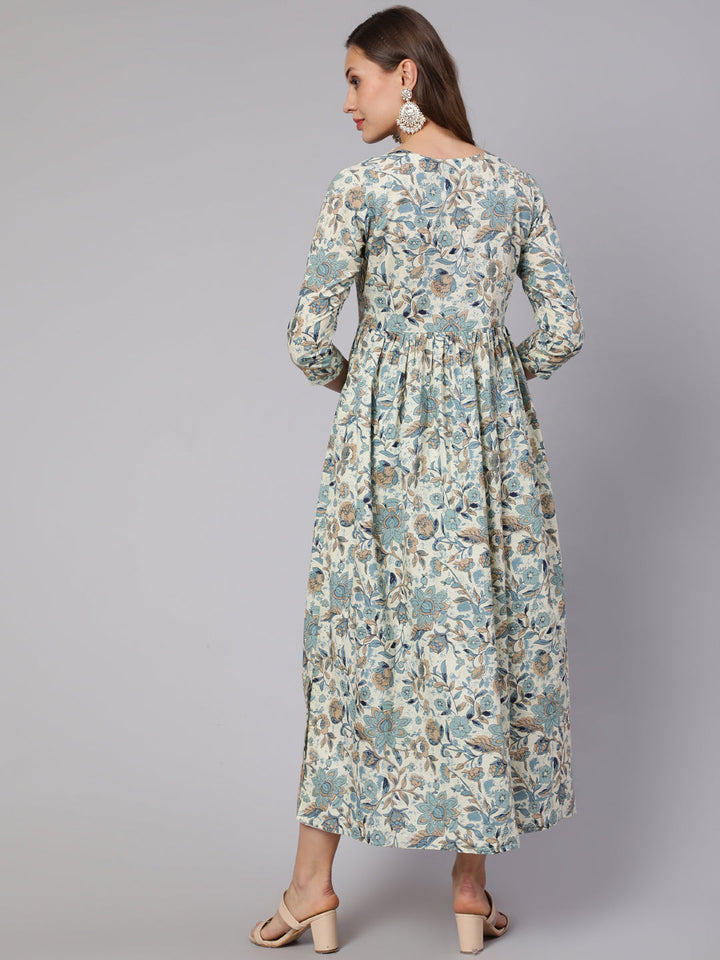Cotton Printed Round Neck 3/4 Sleeve Flared Kurta