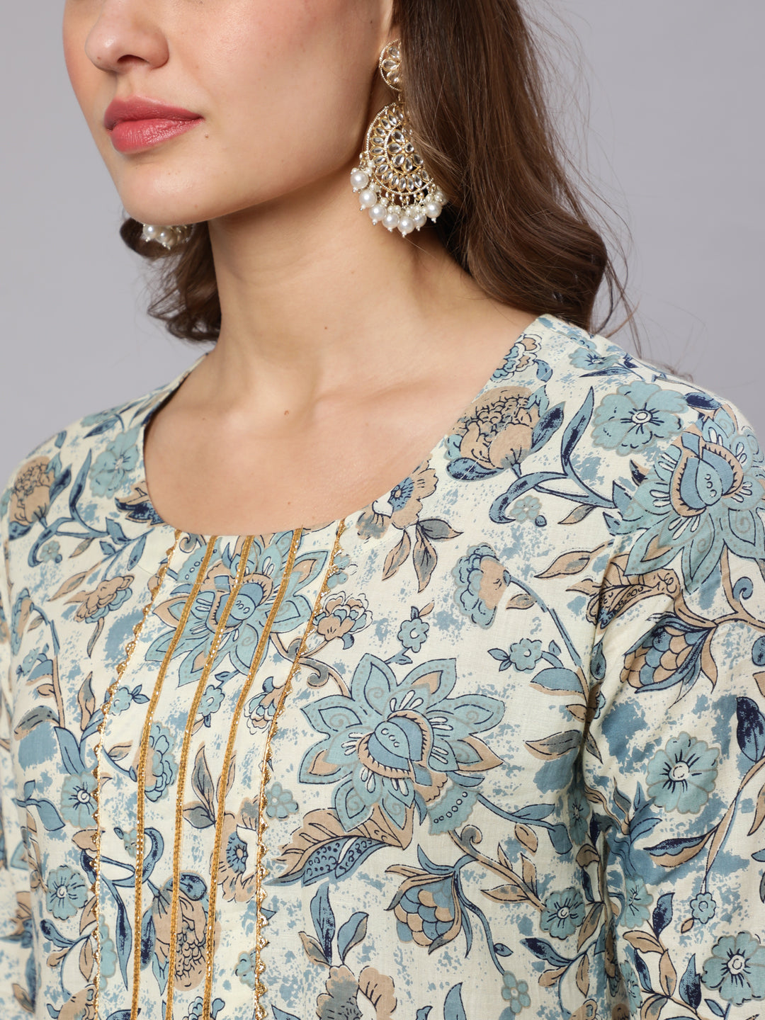 Cotton Printed Round Neck 3/4 Sleeve Flared Kurta