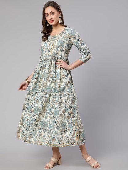 Cotton Printed Round Neck 3/4 Sleeve Flared Kurta