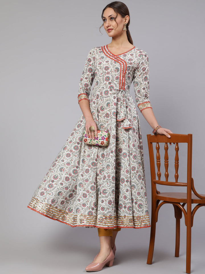 Cotton Printed V Neck 3/4 Sleeve Flared Kurta