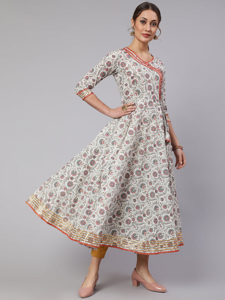 Cotton Printed V Neck 3/4 Sleeve Flared Kurta