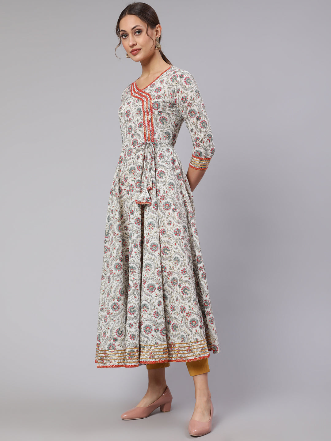 Cotton Printed V Neck 3/4 Sleeve Flared Kurta
