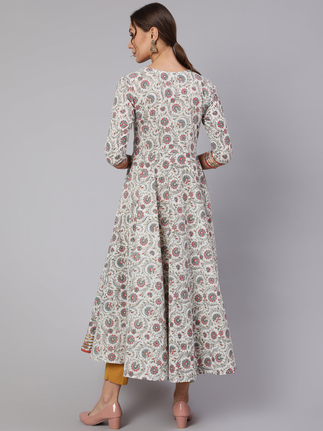 Cotton Printed V Neck 3/4 Sleeve Flared Kurta