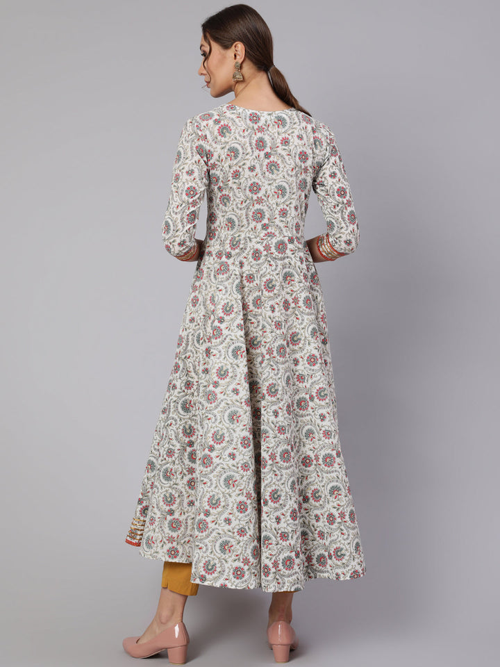 Cotton Printed V Neck 3/4 Sleeve Flared Kurta