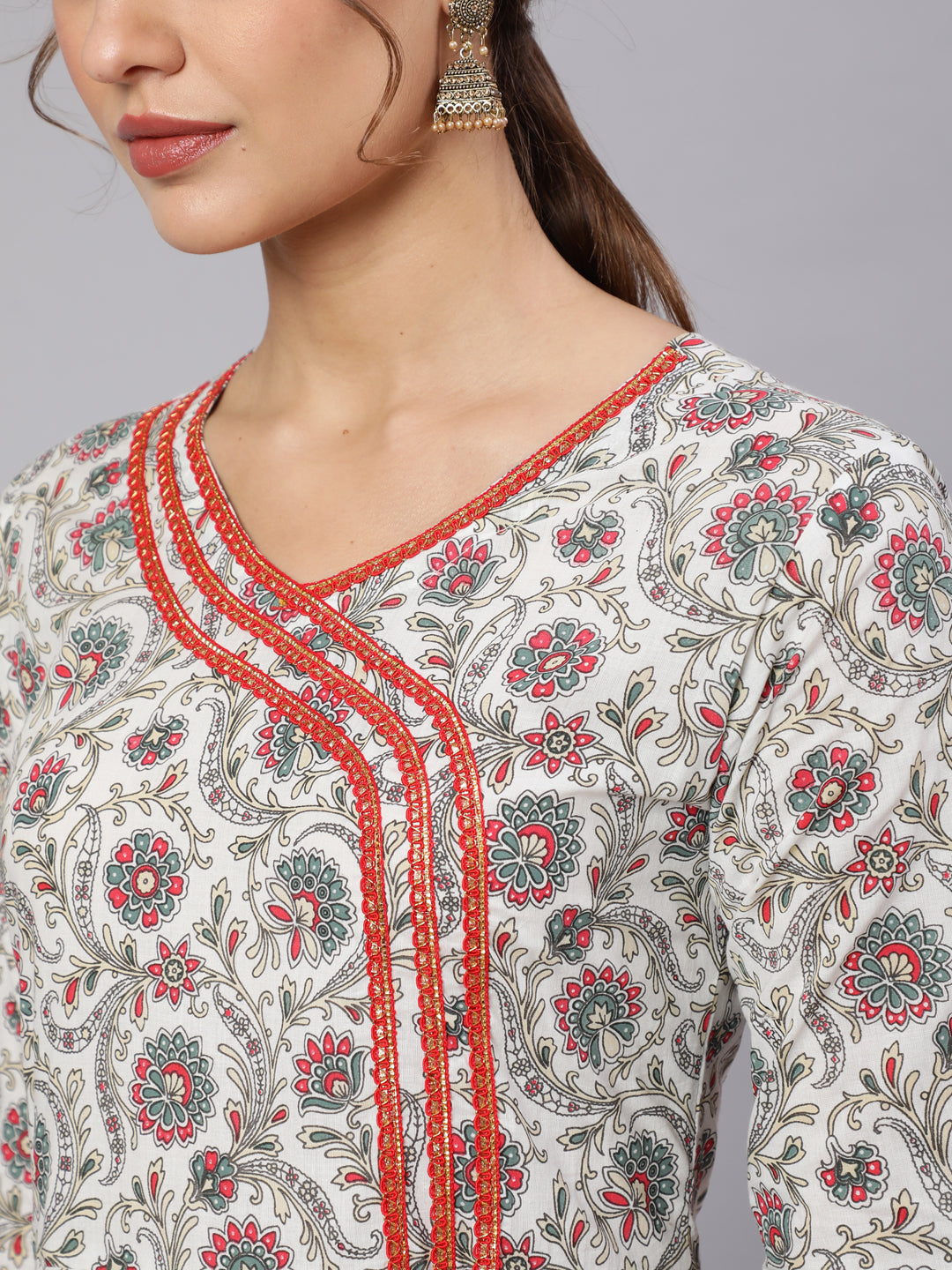 Cotton Printed V Neck 3/4 Sleeve Flared Kurta