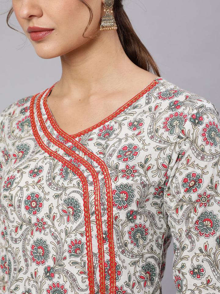 Cotton Printed V Neck 3/4 Sleeve Flared Kurta