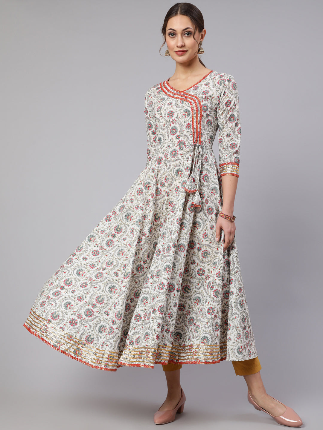 Cotton Printed V Neck 3/4 Sleeve Flared Kurta