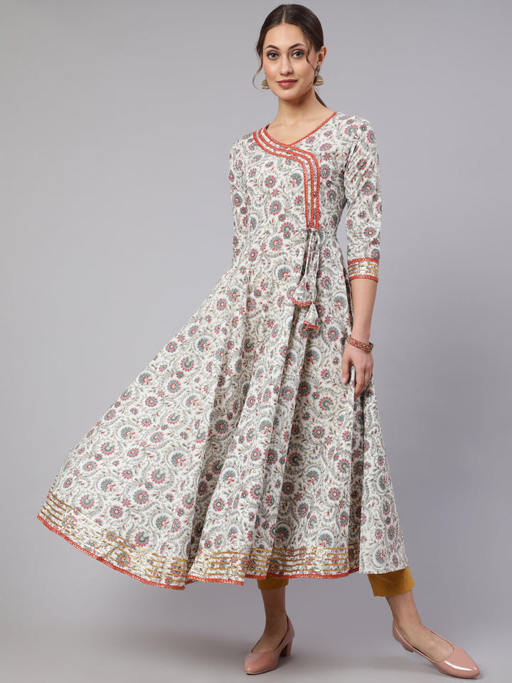 Cotton Printed V Neck 3/4 Sleeve Flared Kurta