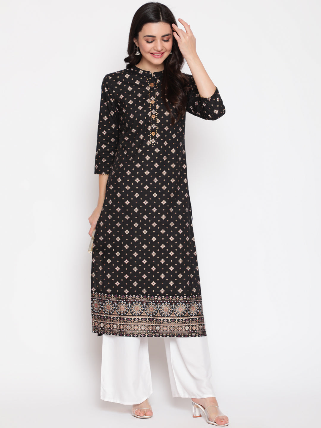 Cotton Printed Mandarin Neck 3/4 Sleeve Straight Calf Length Ethnic Kurta