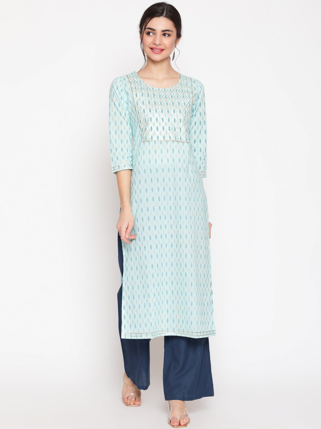 Cotton Printed Round Neck 3/4 Sleeve Straight Calf Length Ethnic Kurta