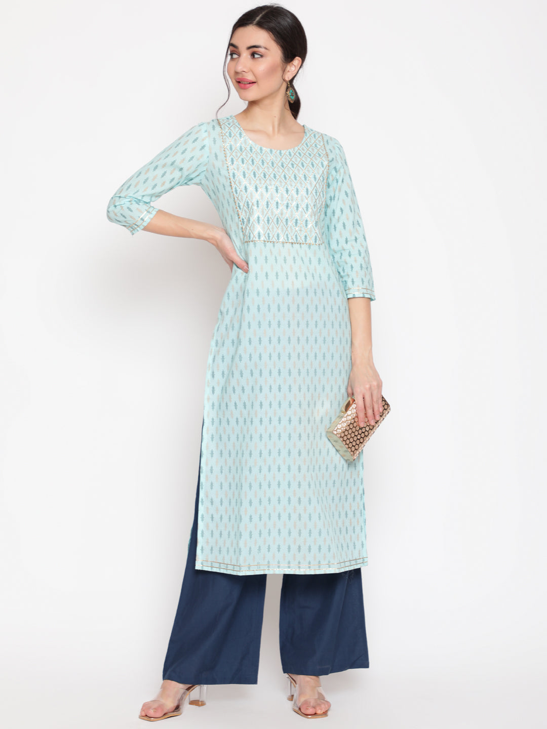 Cotton Printed Round Neck 3/4 Sleeve Straight Calf Length Ethnic Kurta