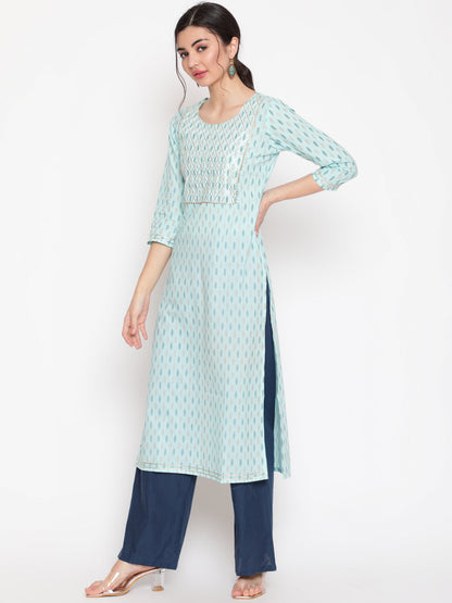 Cotton Printed Round Neck 3/4 Sleeve Straight Calf Length Ethnic Kurta