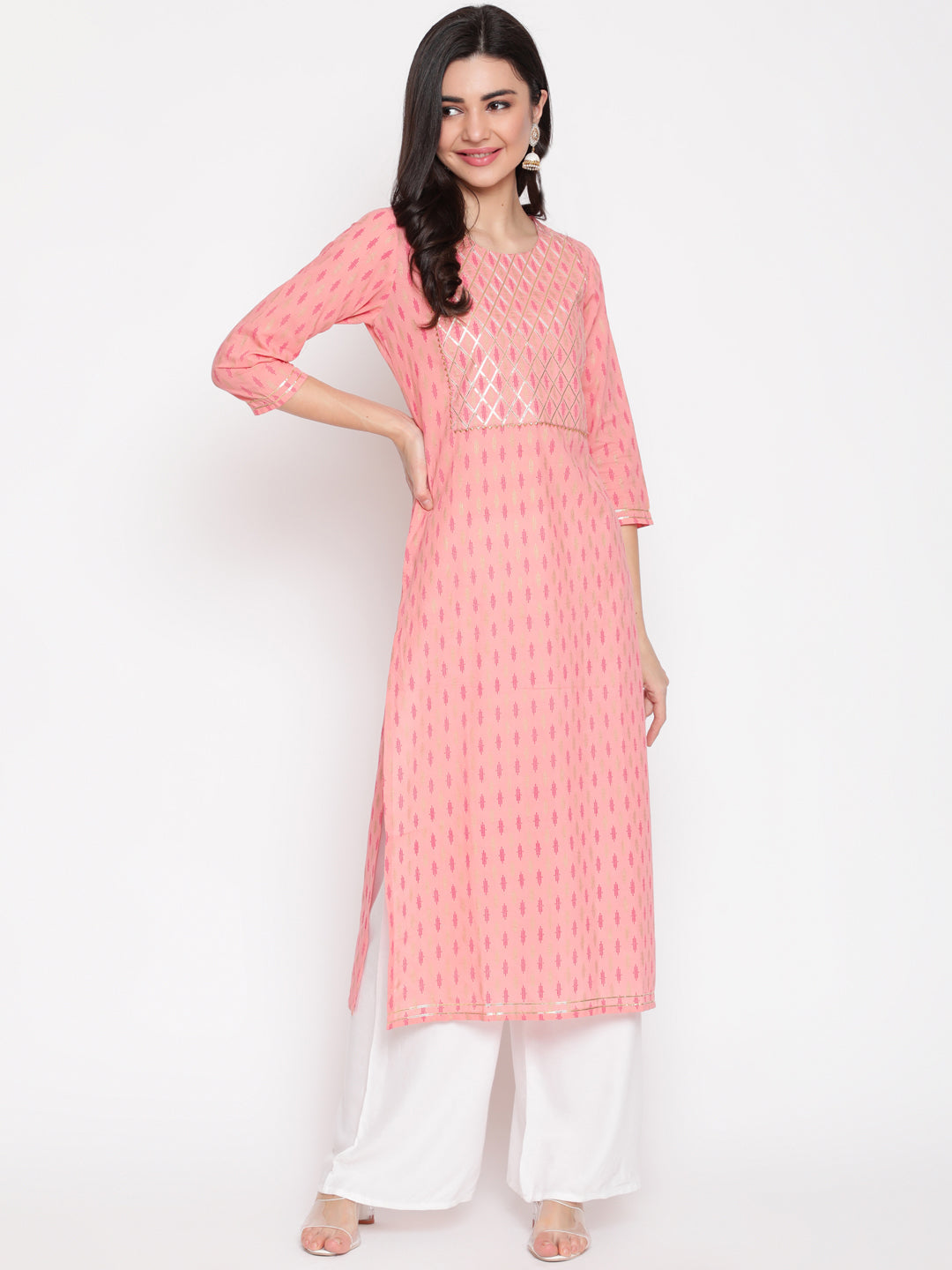 Cotton Printed Round Neck 3/4 Sleeve Straight Calf Length Ethnic Kurta
