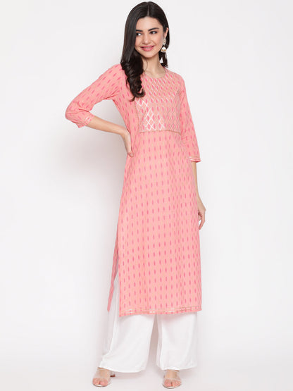 Cotton Printed Round Neck 3/4 Sleeve Straight Calf Length Ethnic Kurta
