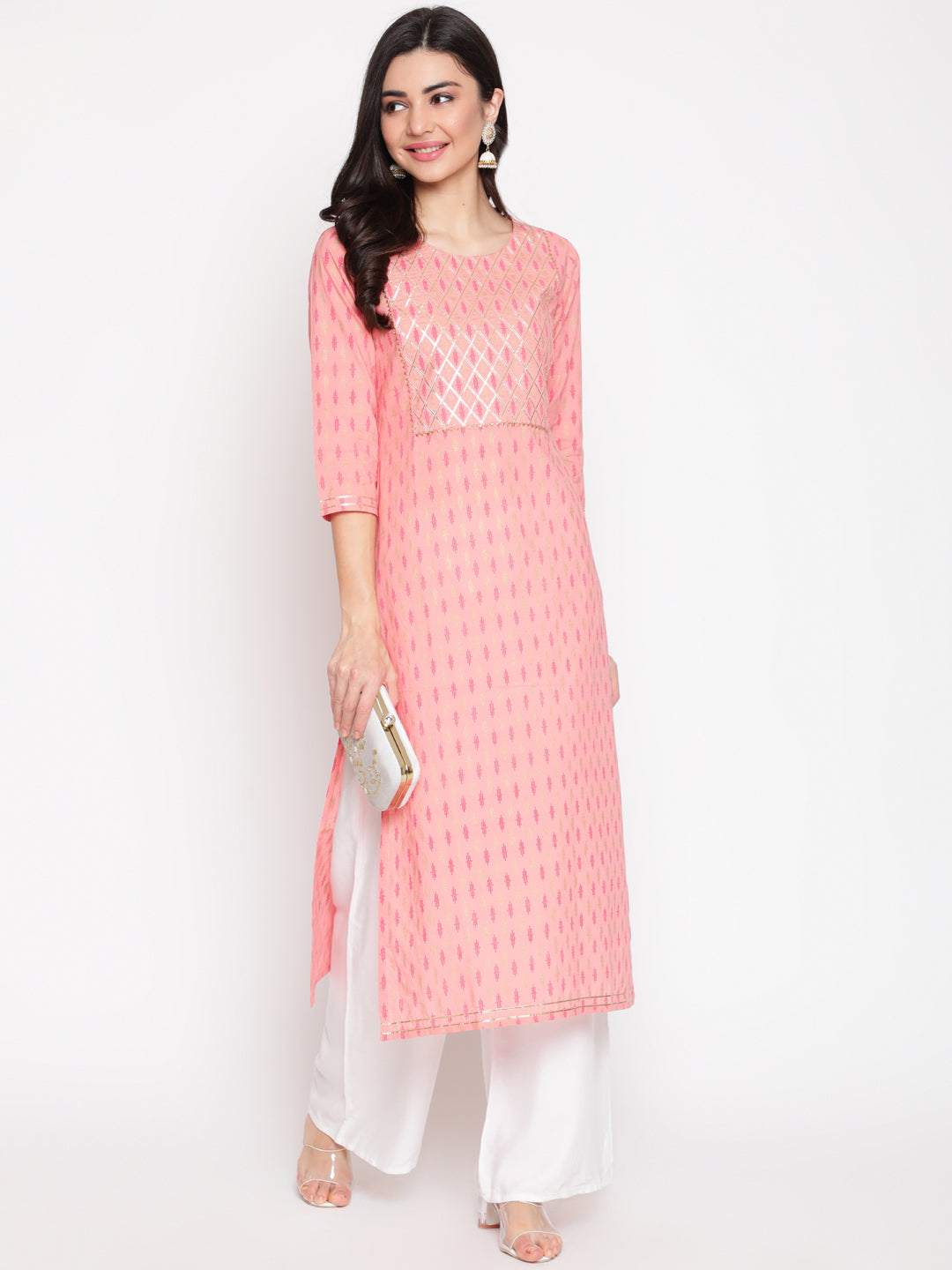 Cotton Printed Round Neck 3/4 Sleeve Straight Calf Length Ethnic Kurta
