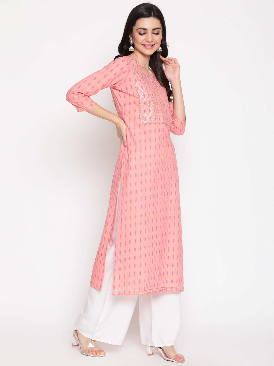 Cotton Printed Round Neck 3/4 Sleeve Straight Calf Length Ethnic Kurta