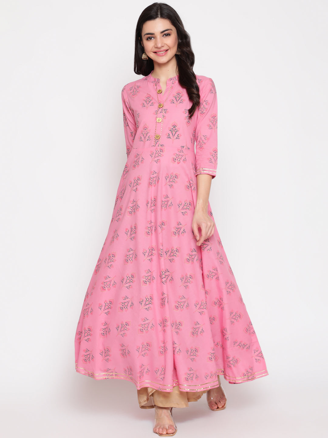 Cotton Printed Mandarin Neck 3/4 Sleeve Flared Ankle Length Ethnic Kurta