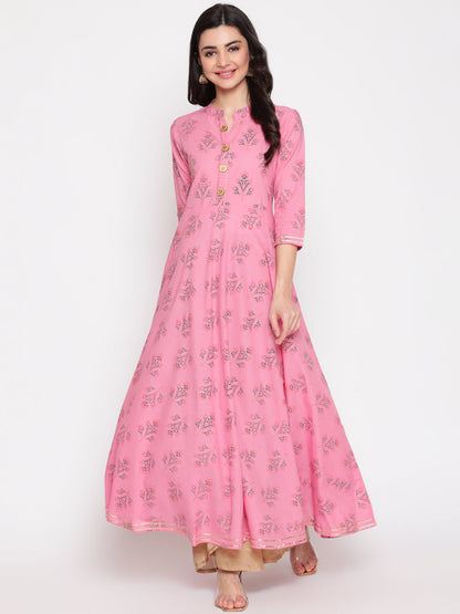 Cotton Printed Mandarin Neck 3/4 Sleeve Flared Ankle Length Ethnic Kurta