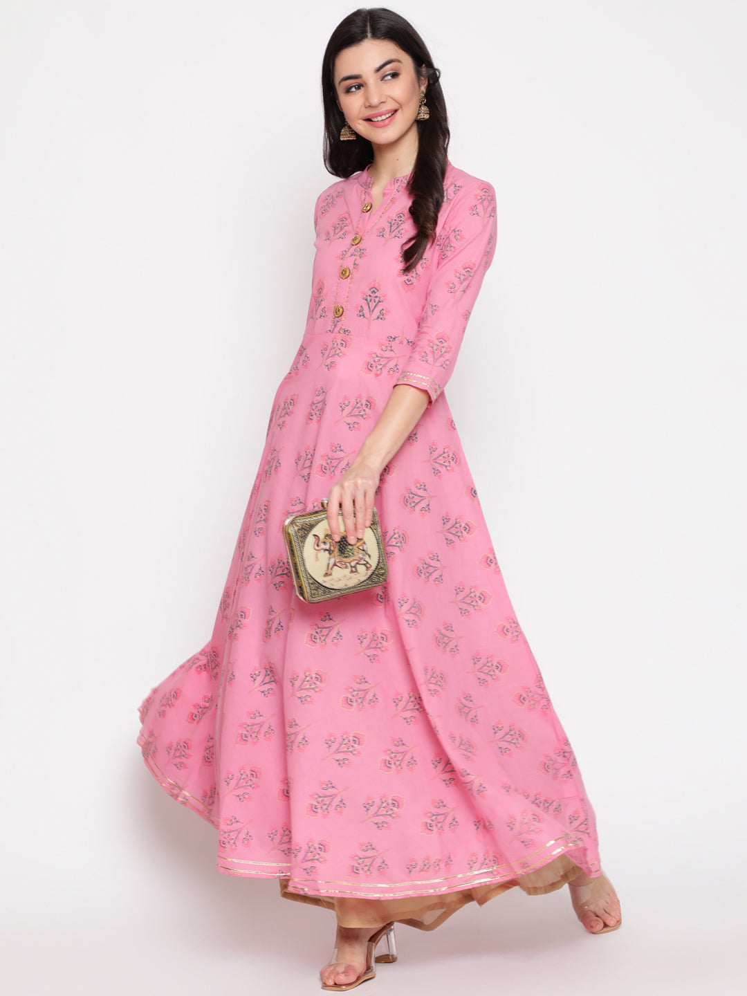 Cotton Printed Mandarin Neck 3/4 Sleeve Flared Ankle Length Ethnic Kurta