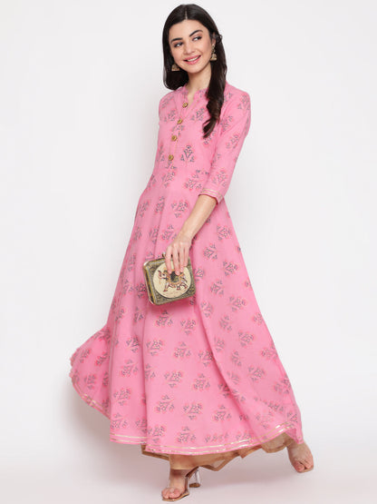 Cotton Printed Mandarin Neck 3/4 Sleeve Flared Ankle Length Ethnic Kurta