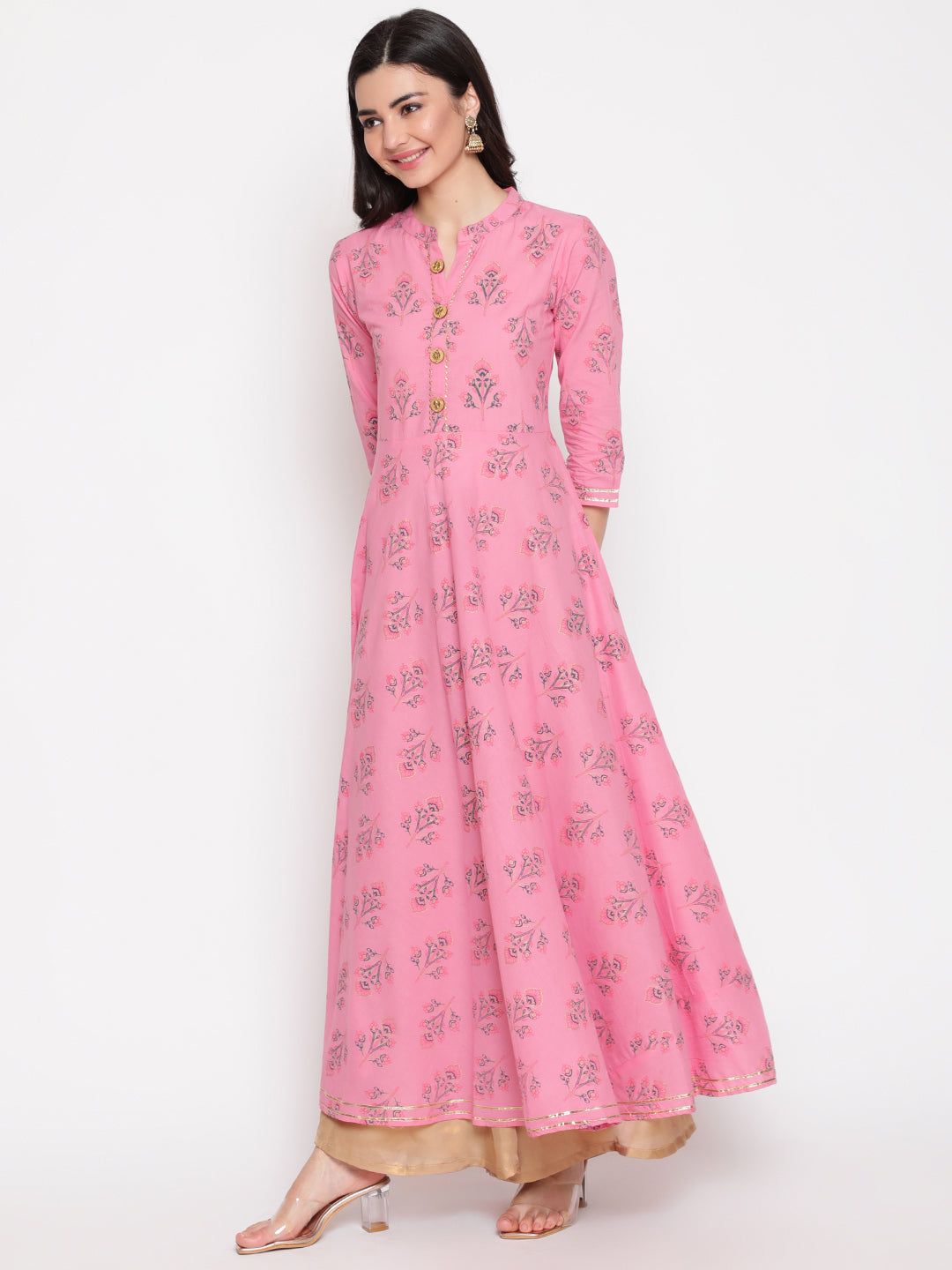 Cotton Printed Mandarin Neck 3/4 Sleeve Flared Ankle Length Ethnic Kurta