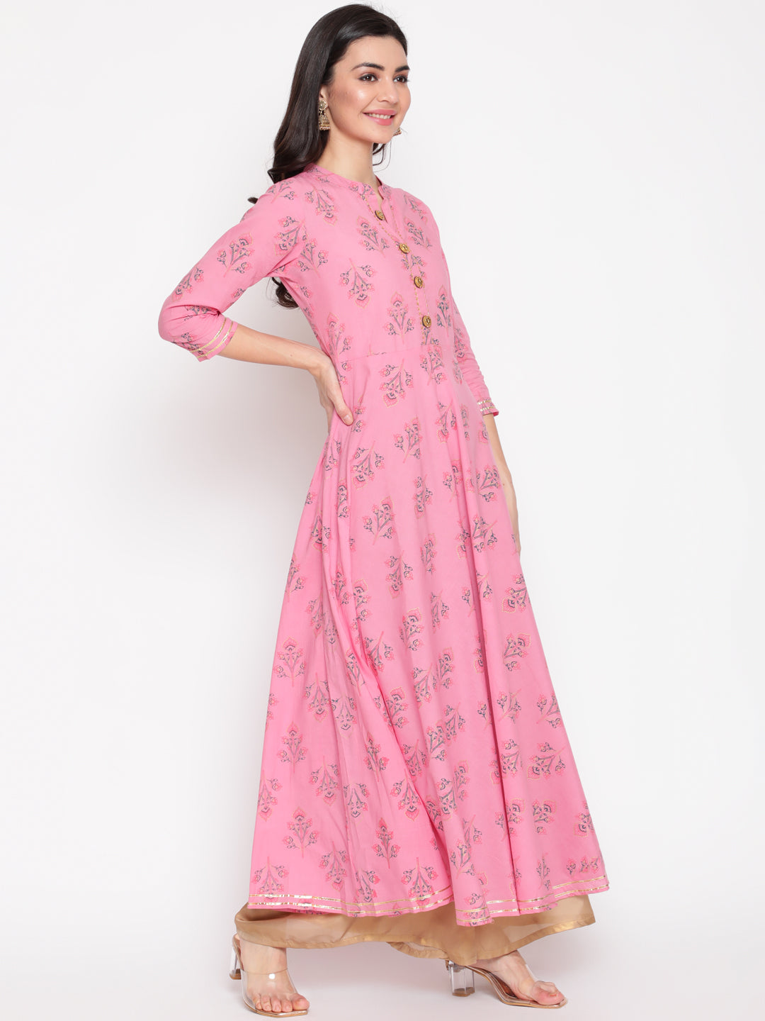 Cotton Printed Mandarin Neck 3/4 Sleeve Flared Ankle Length Ethnic Kurta