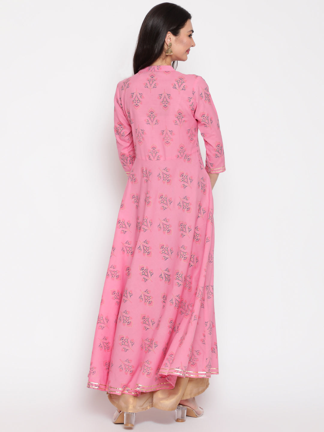 Cotton Printed Mandarin Neck 3/4 Sleeve Flared Ankle Length Ethnic Kurta