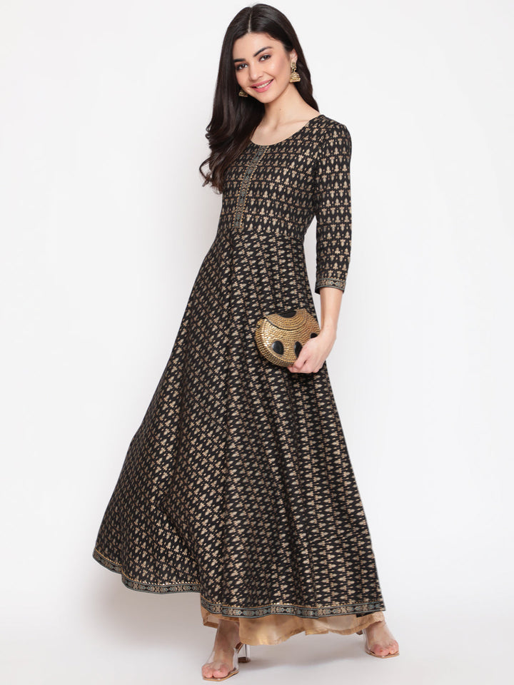 Cotton Printed Round Neck 3/4 Sleeve Flared Ankle Length Ethnic Kurta