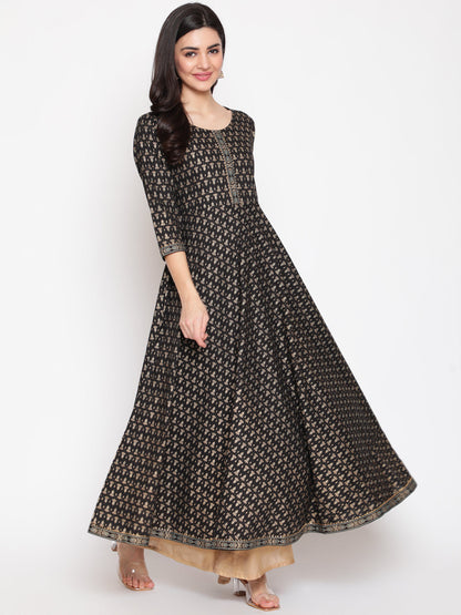 Cotton Printed Round Neck 3/4 Sleeve Flared Ankle Length Ethnic Kurta