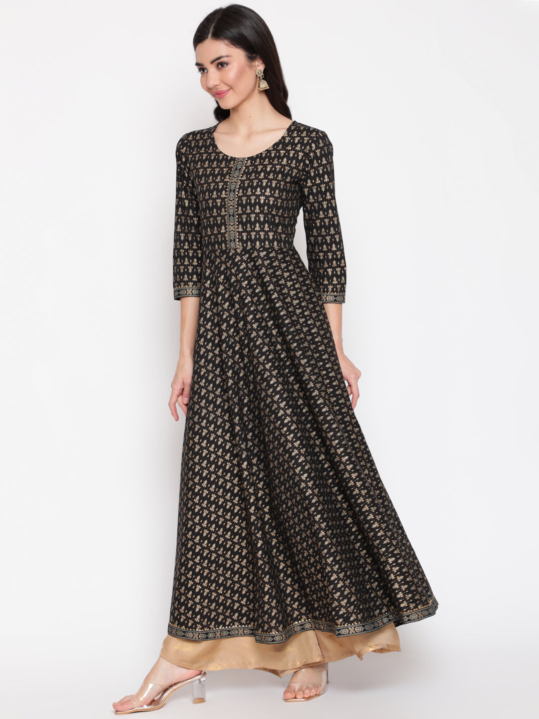 Cotton Printed Round Neck 3/4 Sleeve Flared Ankle Length Ethnic Kurta