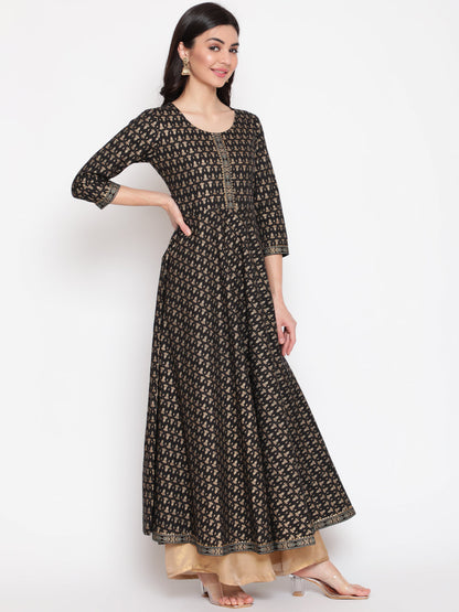 Cotton Printed Round Neck 3/4 Sleeve Flared Ankle Length Ethnic Kurta