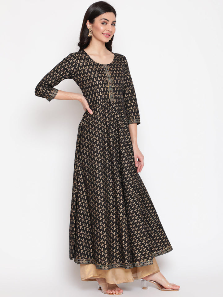 Cotton Printed Round Neck 3/4 Sleeve Flared Ankle Length Ethnic Kurta