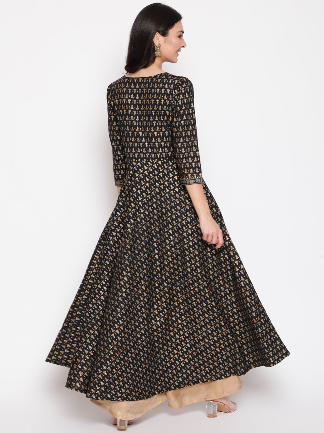 Cotton Printed Round Neck 3/4 Sleeve Flared Ankle Length Ethnic Kurta