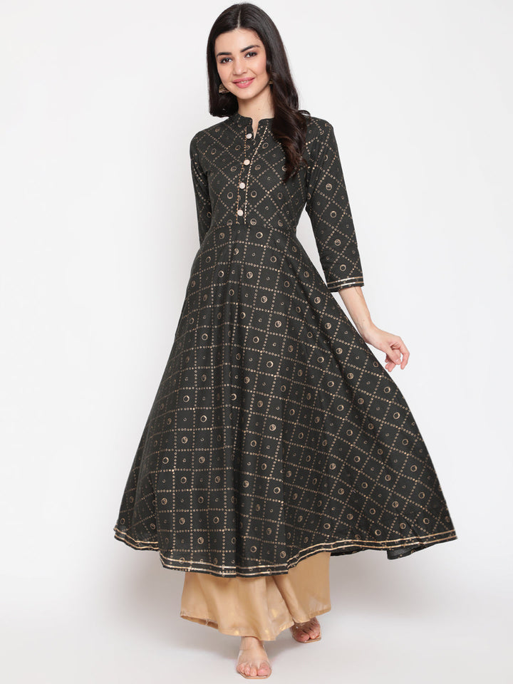 Cotton Printed Mandarin Neck 3/4 Sleeve Flared Ankle Length Ethnic Kurta