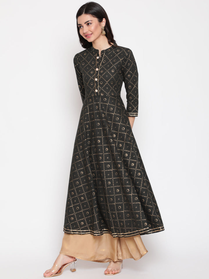 Cotton Printed Mandarin Neck 3/4 Sleeve Flared Ankle Length Ethnic Kurta