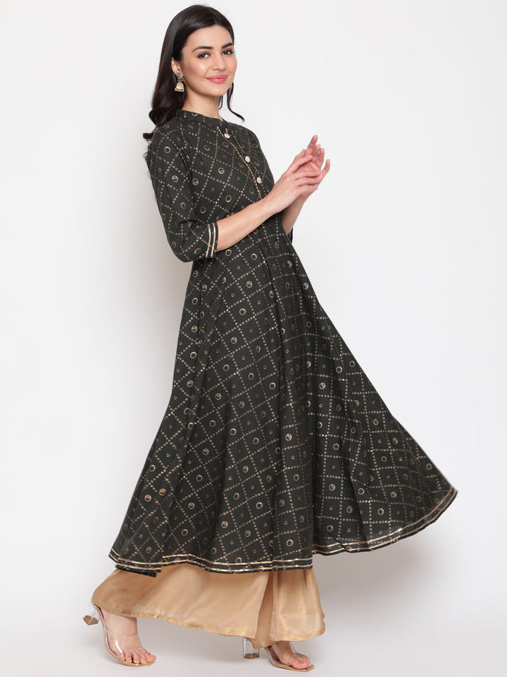 Cotton Printed Mandarin Neck 3/4 Sleeve Flared Ankle Length Ethnic Kurta